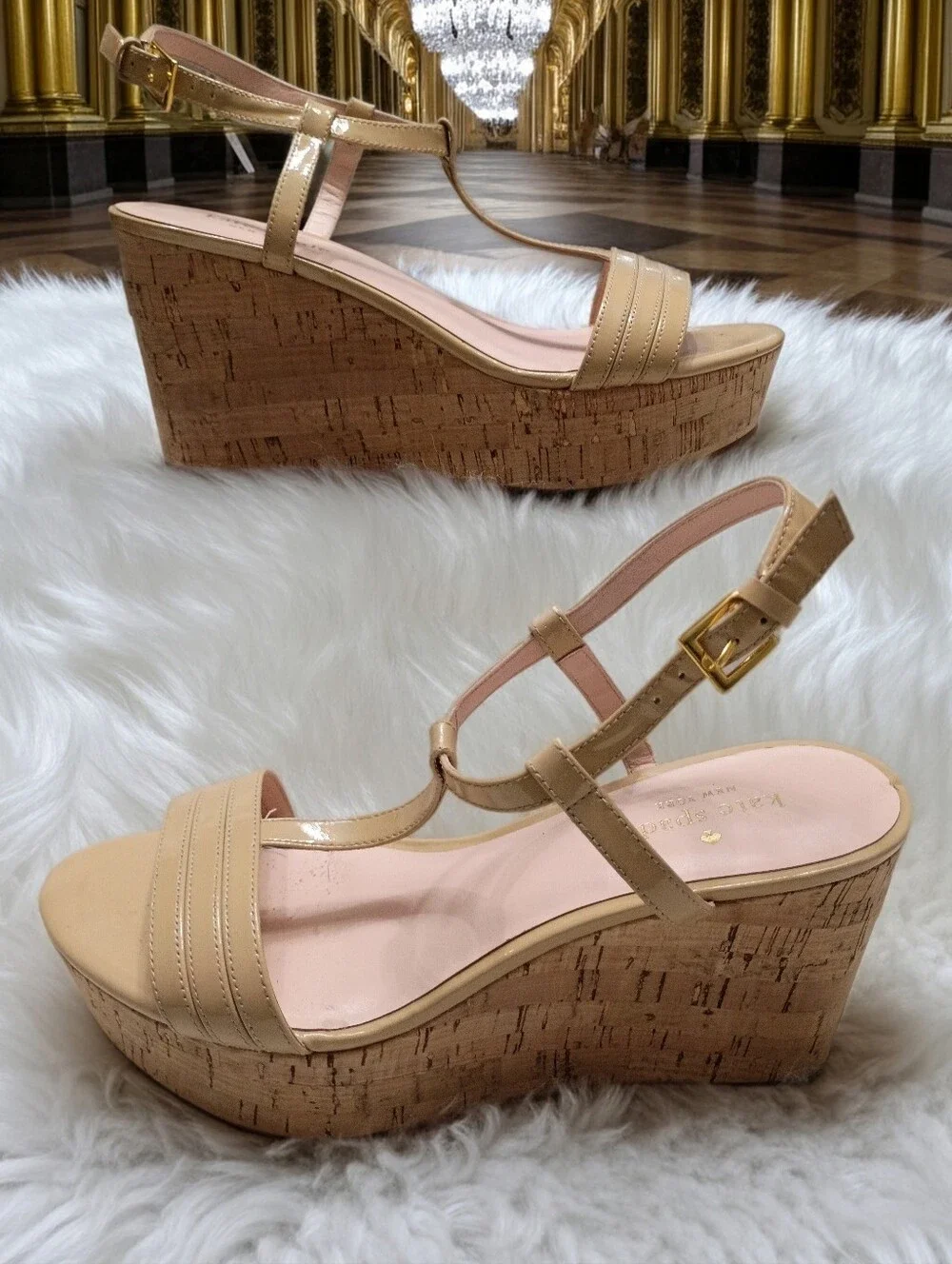 kate spade Tallin Nude Patent Leather Cork Wedge Sandals SZ 8